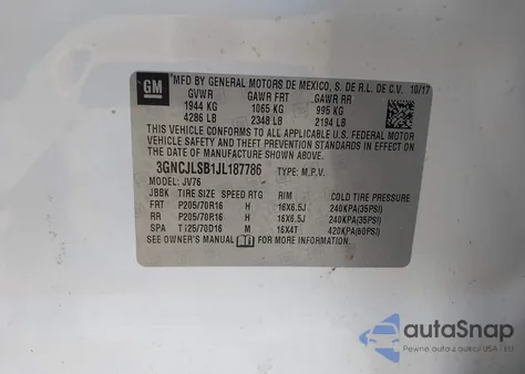 2018 Chevrolet Trax Lt from USA, damaged, VIN 3GNCJLSB1JL187786